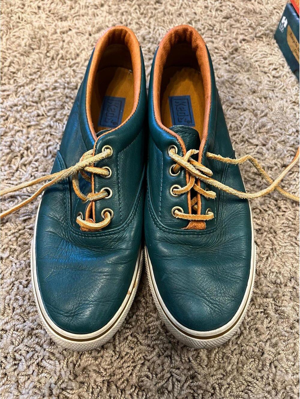 Vintage Keds Leather Green Sneakers with Orange Trim